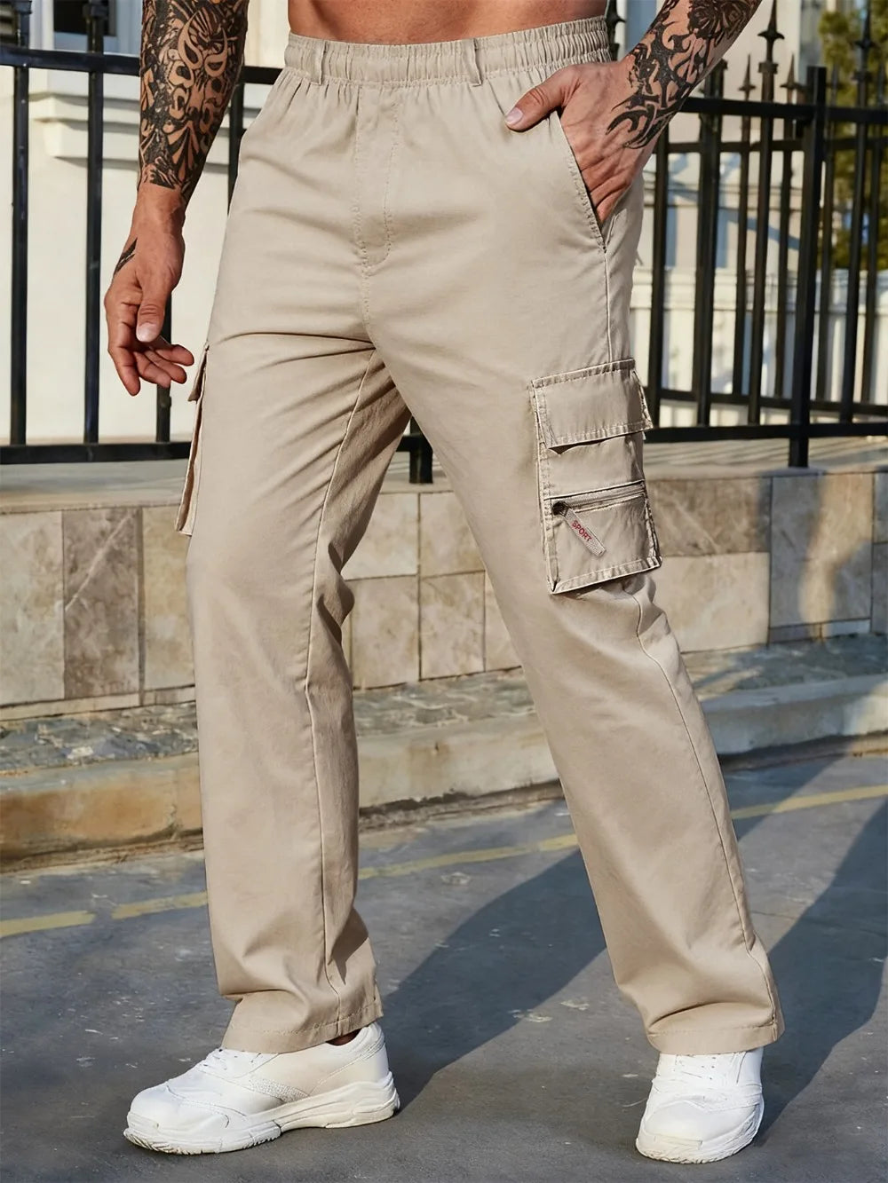 Spring Autumn Men's Cargo Pants Big Pocket Loose Straight Trousers Multiple Pockets Outdoor Hiking Workout Breathable Long Pants