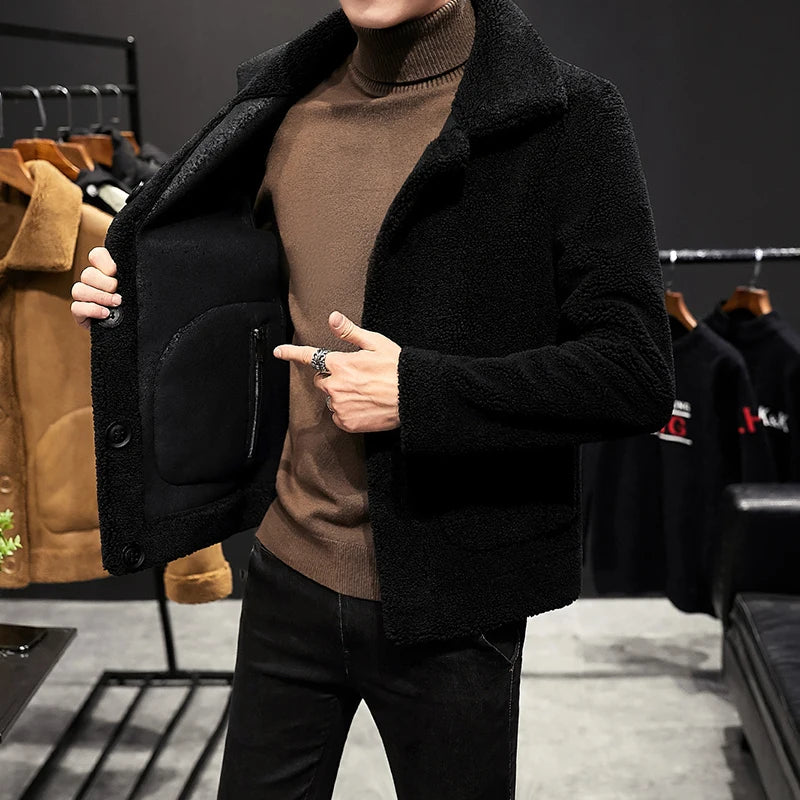 Winter Men's Warm Double sided Jackets Granular Wool Fashion Turn Down Collar Casual Outwear Coats Men Fleece Jacket Plus Size