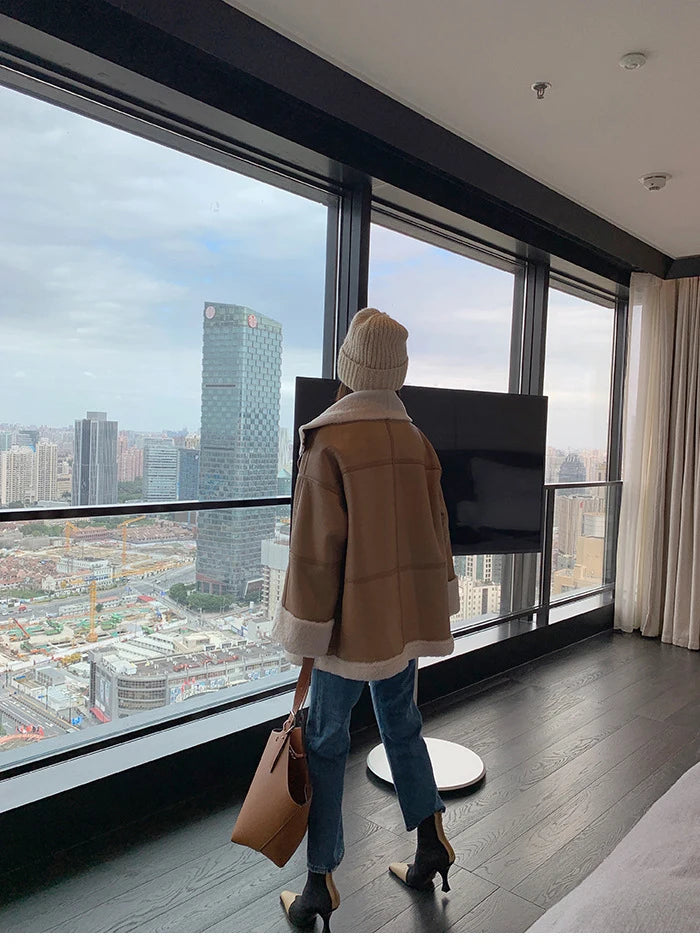 2025 Autumn Winter Fur Integrated Lamb Wool Coat Women's European And American Street Temperament Fashion Locomotive Fur Coat