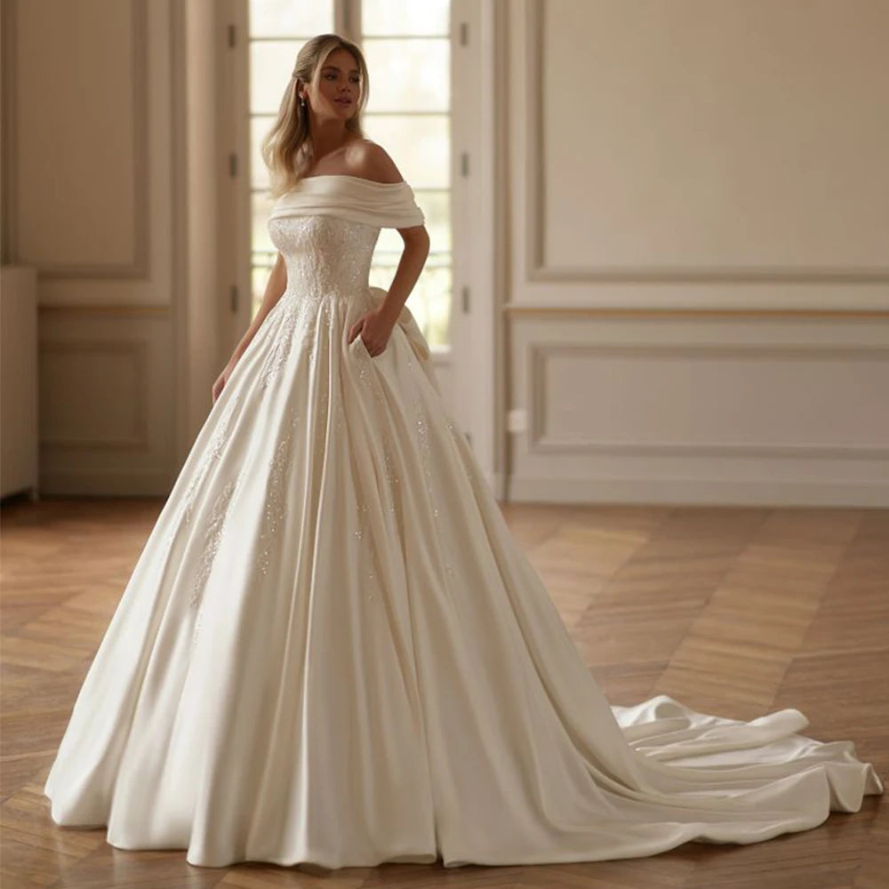 2025 Wedding Dress Vestido De Noiva Customized Boat Neck Off Shoulder Beading Applique Sweep Train Arabian Bridal Gown with Bow