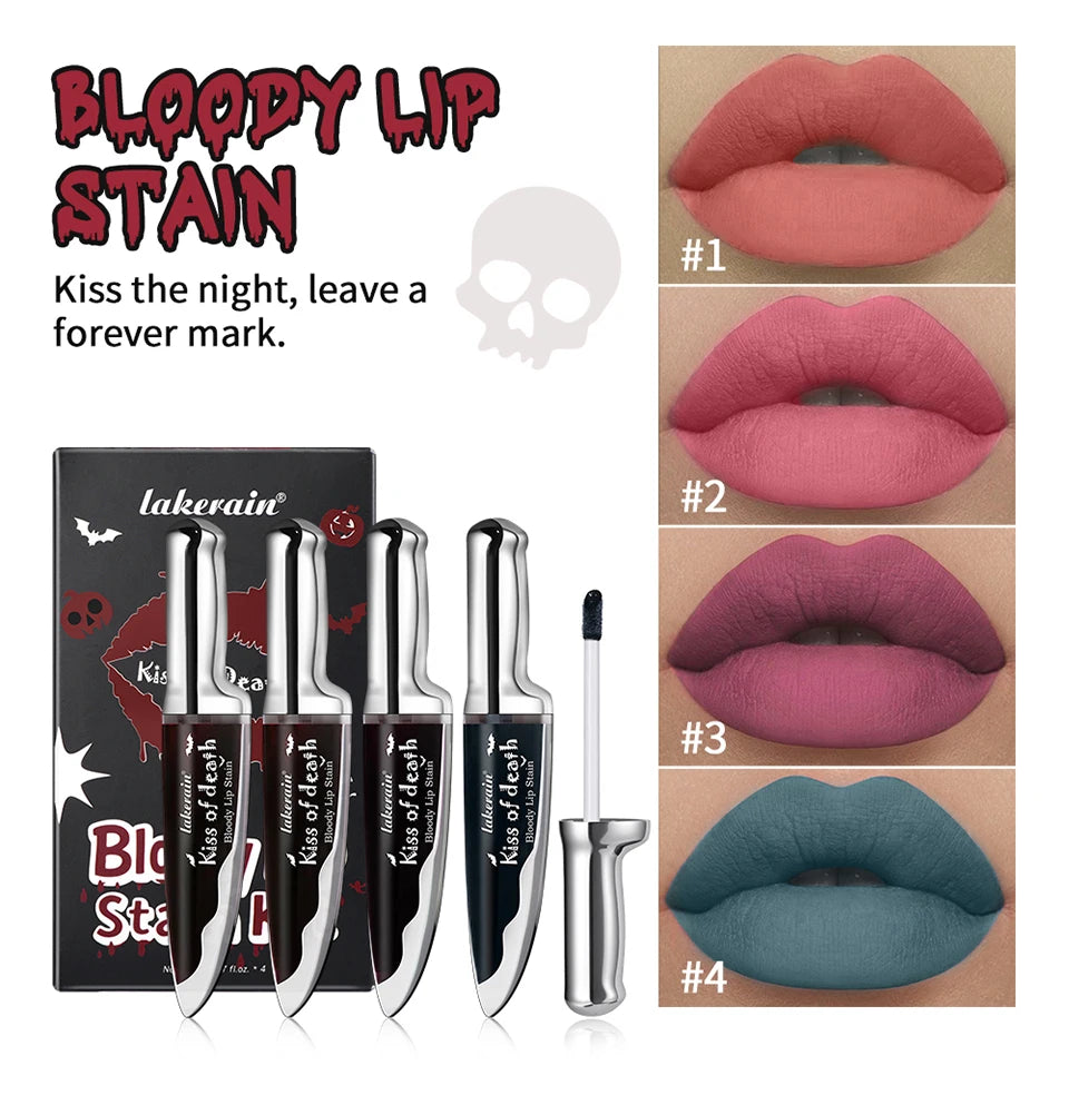 Lakerain 4pcs Kiss of Death Lip Stain Kit  Blood-stained Lip Look Long Water Proof Matte  DEVILS KISS WITCH'S CURSE Gothic Makeu