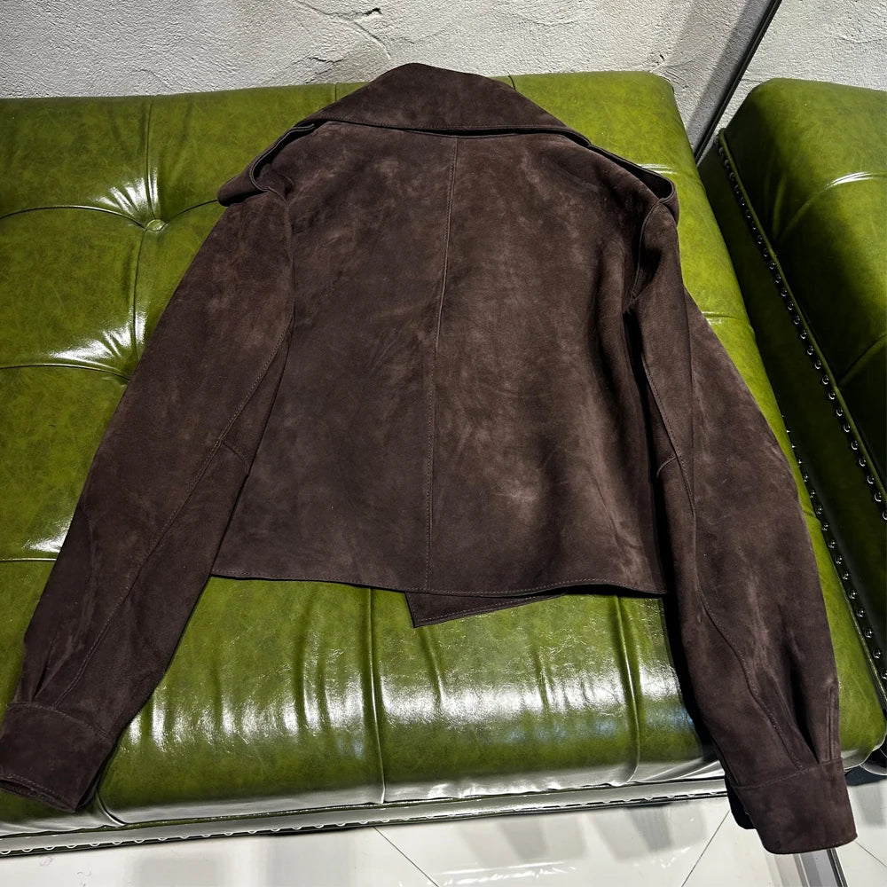 Oversized Brown Suede Women Jacket Real Sheepskin Leather Coat 2026 Loose Outwear