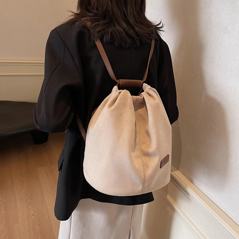 2024 Latest Women Fashion Backpacks Drawstring Bucket Shoulder Bags Soft Suede Large Capacity Rucksack For Travelling Shopping