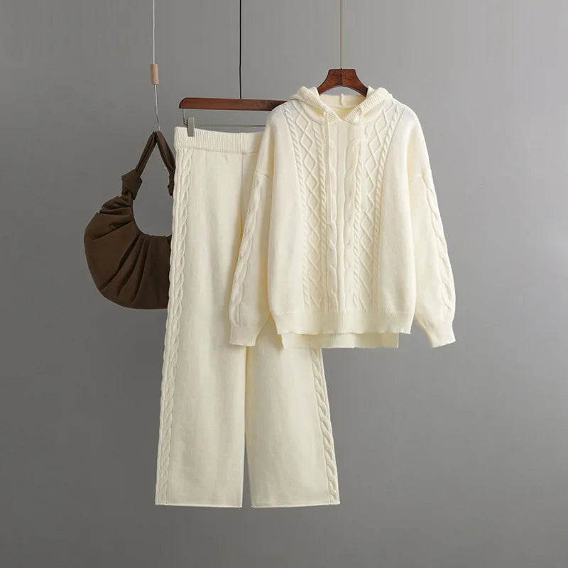 Women's Winter Knitted Suit Warm Loose Two Piece Sets With Hat Womens Outifits Sweater Oversize Casual Knitwear Autumn Suits