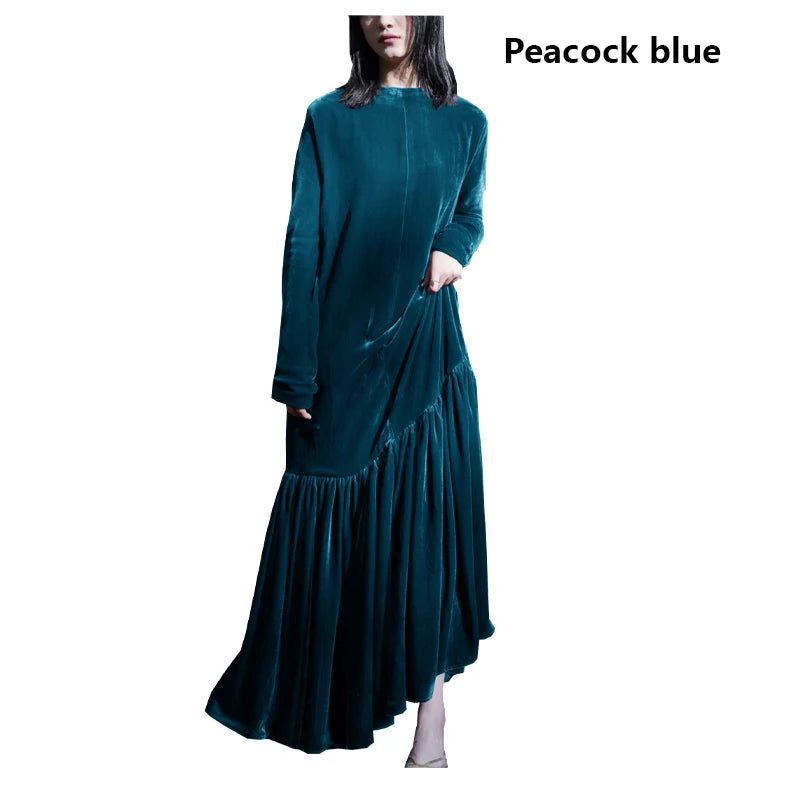 Light Luxury Natural Silk Velvet Women's Dress  Long Sleeve Long Floor-length Dress Temperament Elegant Casual Spring Autumn