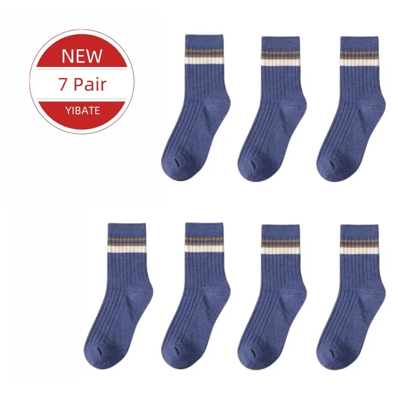 7 Pairs of Men's Striped Socks Fashionable Casual Socks High Quality Harajuku Retro Socks for Men Large Size Long Socks