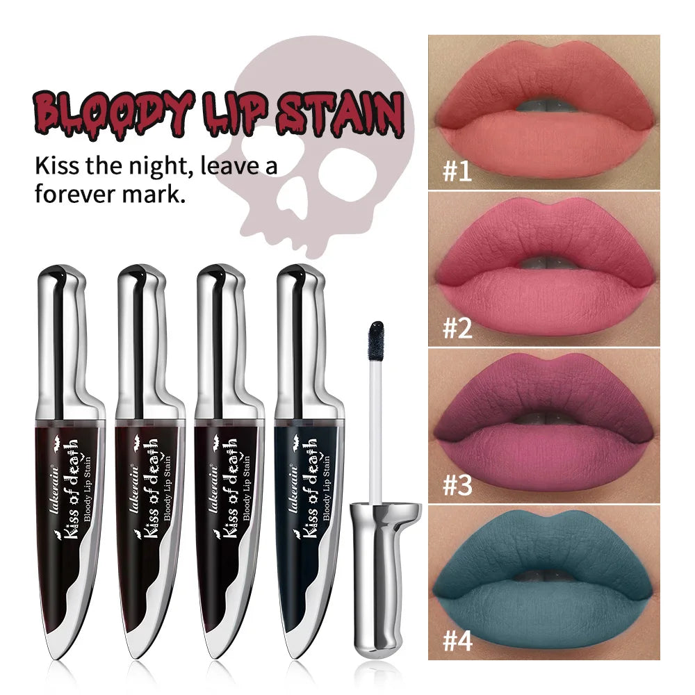 Lakerain 4pcs Kiss of Death Lip Stain Kit  Blood-stained Lip Look Long Water Proof Matte  DEVILS KISS WITCH'S CURSE Gothic Makeu