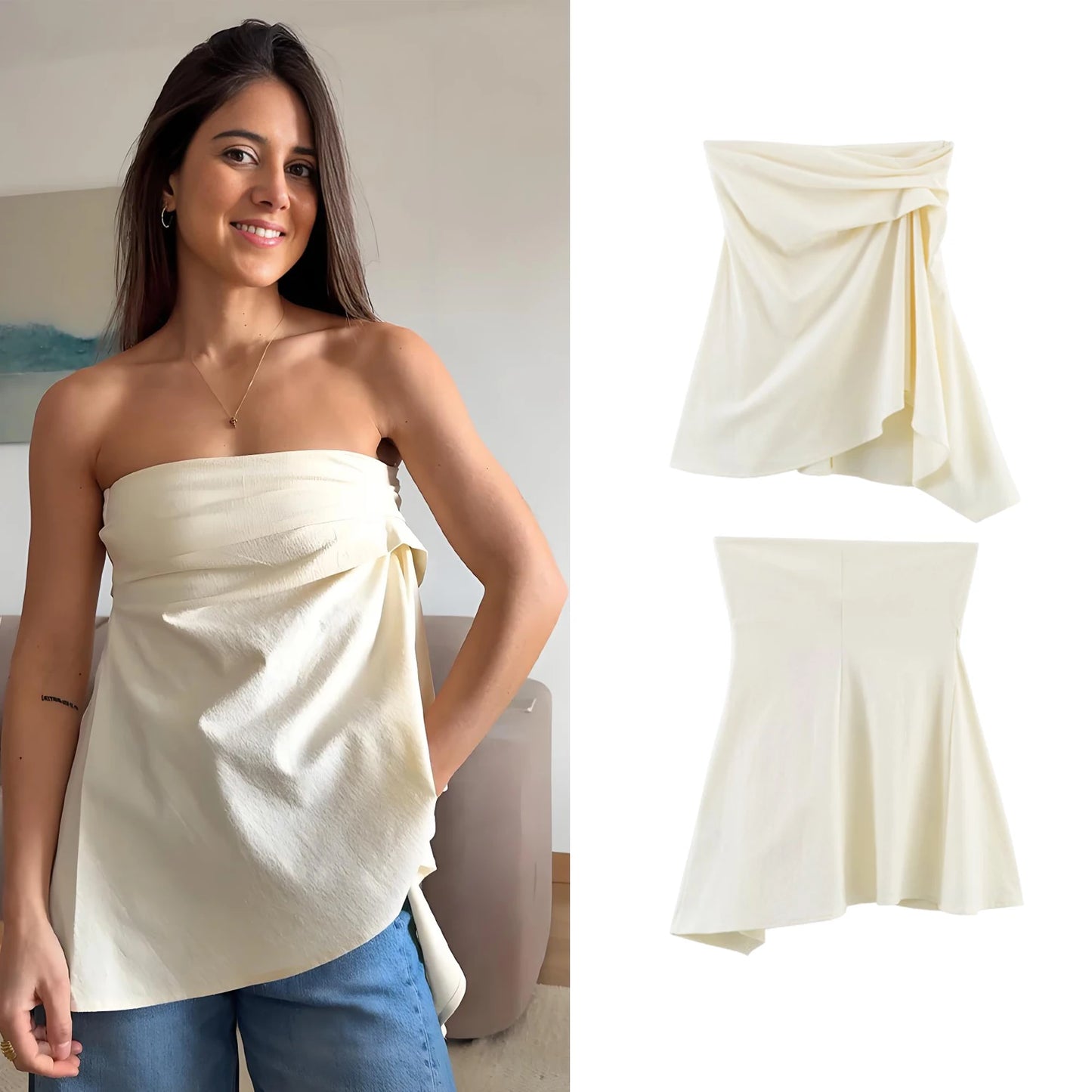 Summer Women Beige Sexy Sleeveless Tank Tops Fashion Female Irregular Pleated Zipper Strapless Top Lady Elegant Party Tops