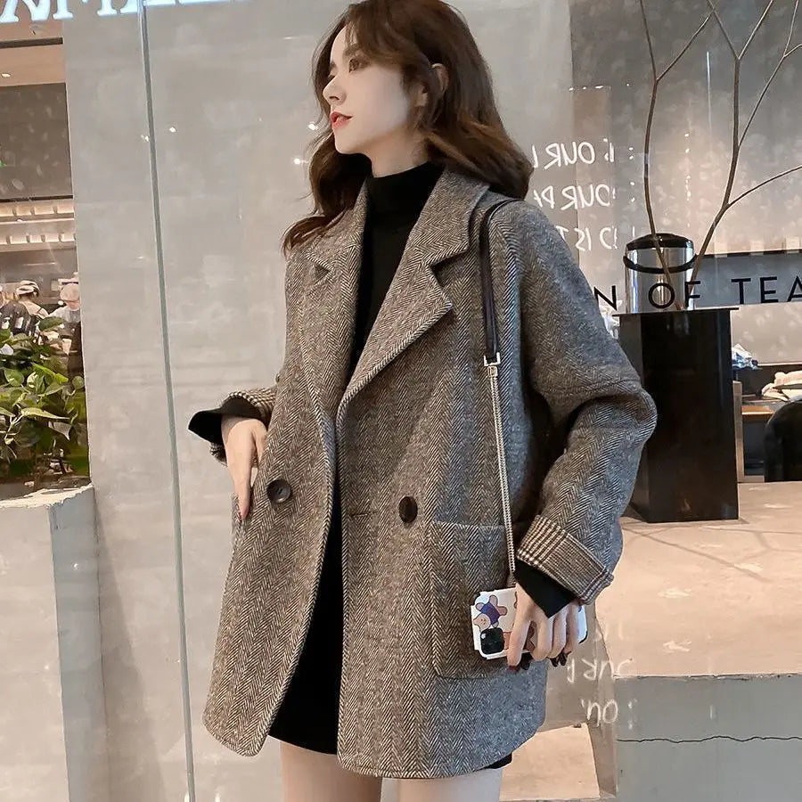 Woolen Suit Jacket for Women Autumn Winter Korean Loose Casual Blazers Thick warm Pocket Turndown Collar Women's Coat