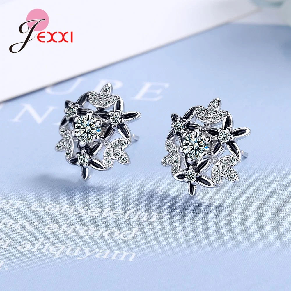 Sterling silver 925  Jewlery   New Cute Delicate Silver Plated Snowflake Stud Earrings For Women Shine CZ Stone