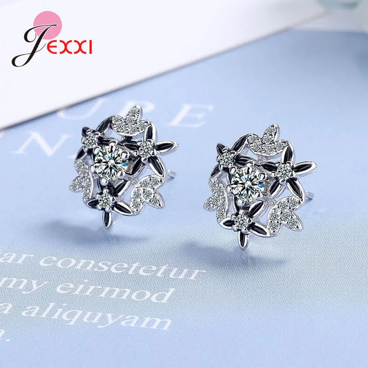 Sterling silver 925  Jewlery   New Cute Delicate Silver Plated Snowflake Stud Earrings For Women Shine CZ Stone