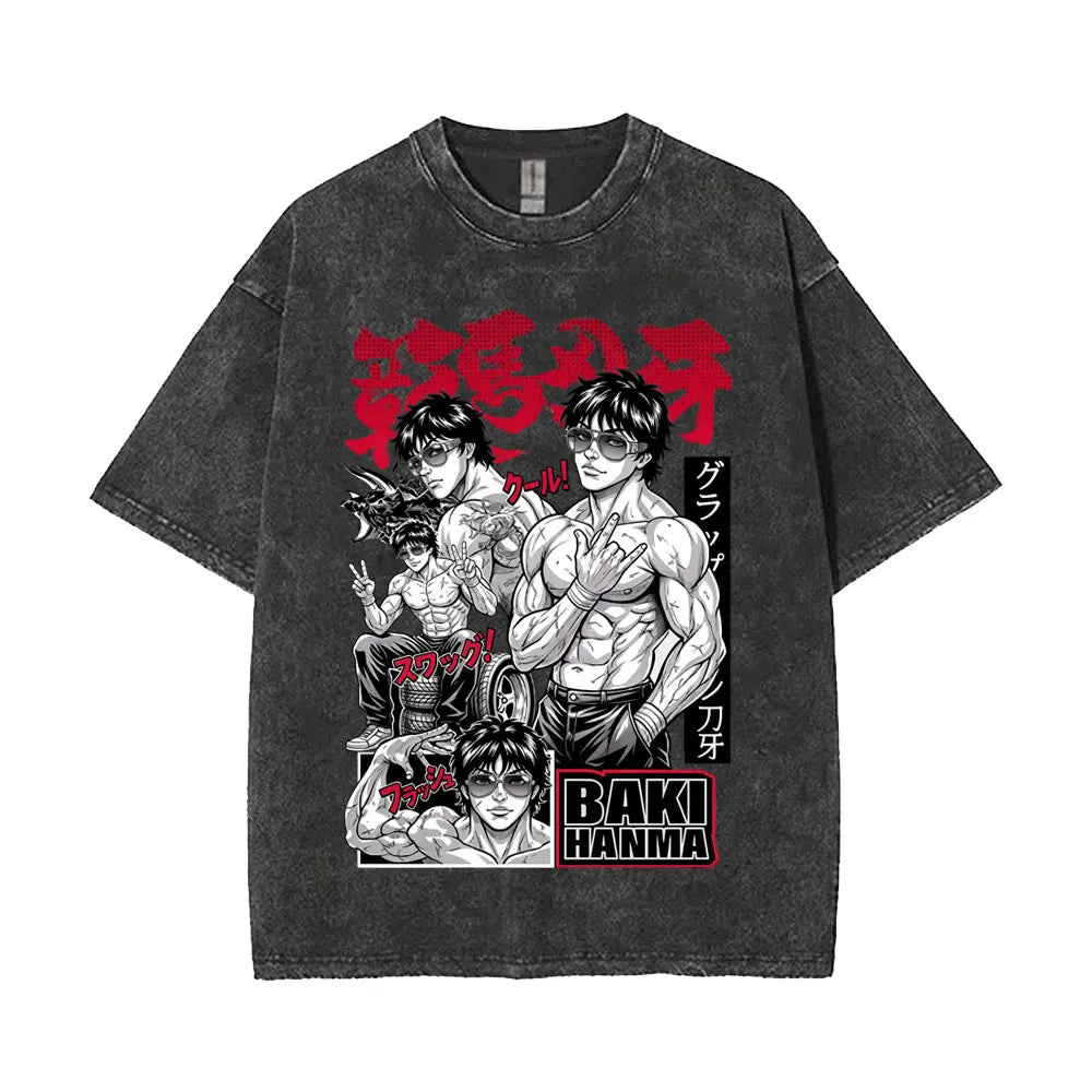 Washed Vintage Anime Baki Hanma Wake Up T-shirt Men Women Retro Manga Oversized T-shirts Men's Casual Cotton T Shirts Streetwear