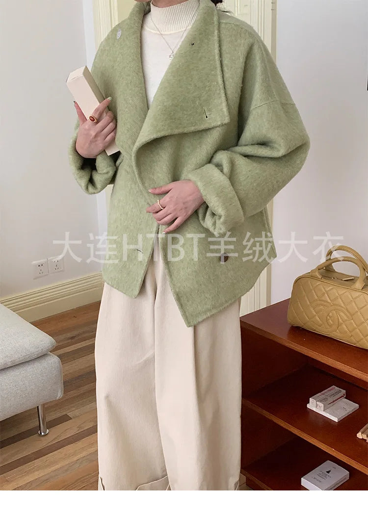 New Winter Short Woolen Coat Fashion Causal Warm Mulberry Silk Lapel Double-sided Wool Coat Loose Suit Jacket Female Tide Autumn