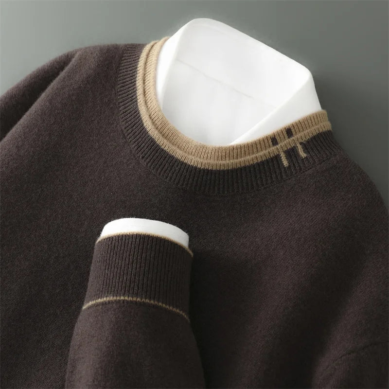 Pure Wool Sweater Men Autumn and Winter New Thick Warm Double Two Collar Knit Pullover Business Casual Sweater Men's Base Shirt