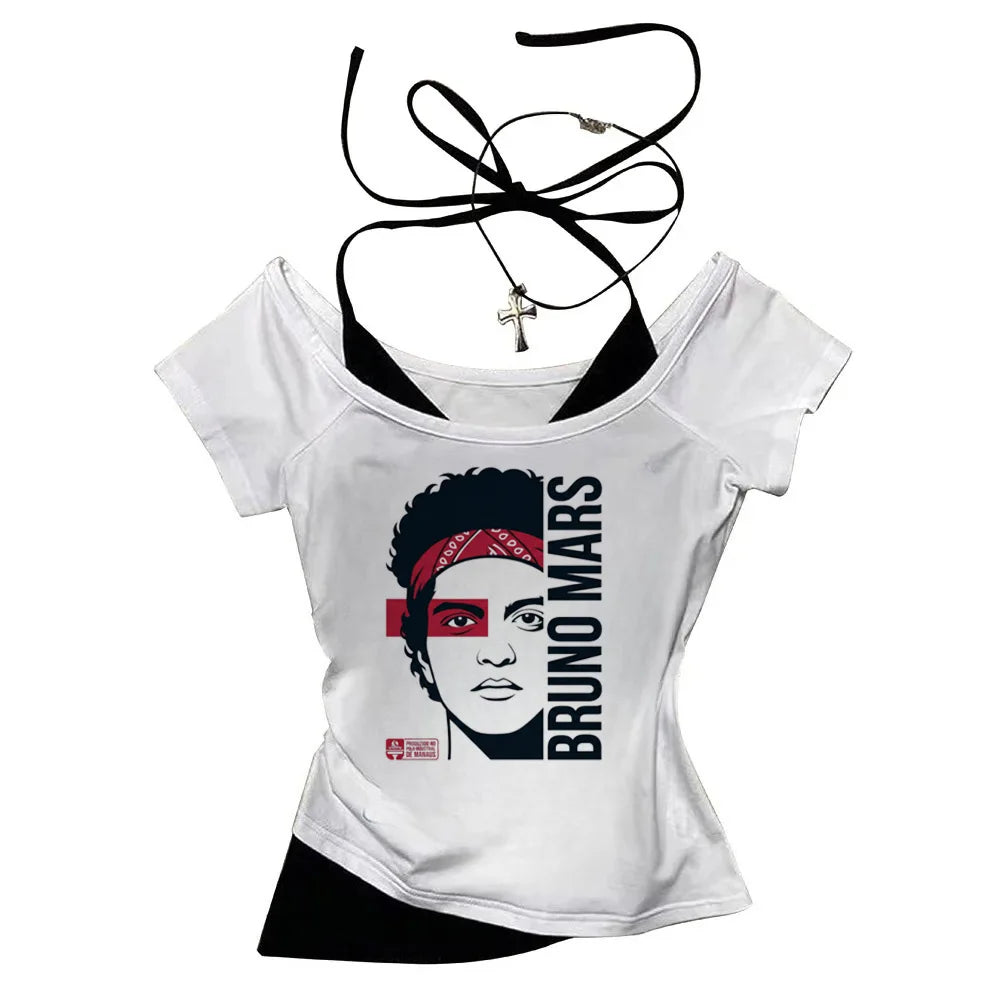2026 Shirt  Bruno Mars The Romantic Tour Women Fake Two-piece O-Neck Short Sleeves Crop Tops T-shirt