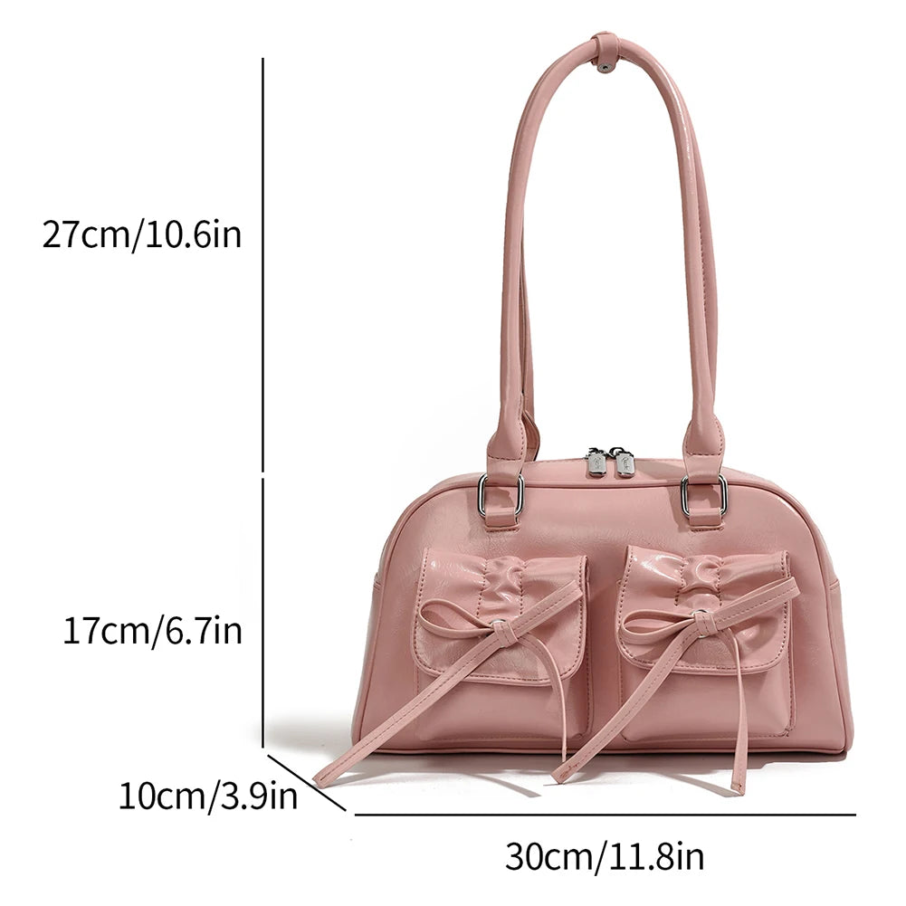 Women Trendy Handbags Double Pockets PU Leather Fashion Shoulder Bag with Bow Stylish Underarm Bag Solid Color for Outdoor Party