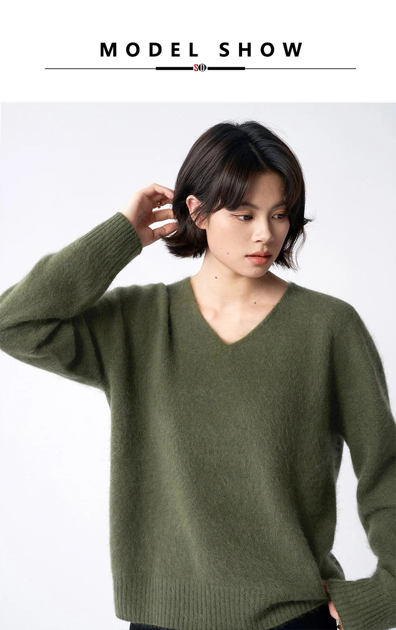 SuyaDream, Women Fleece Pullovers, V Neck, 3.8%Cashmere 96.2%Wool, Chic Warm Sweaters, 2025 Fall Winter Solid Top, Camel, Olive