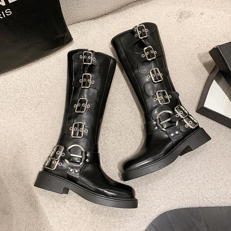Woman Boots Knee High Platform Elegant Low Heel Trend Punk Gothic New Rock Leather Fashion Women's Shoes Motorcycle Footwear