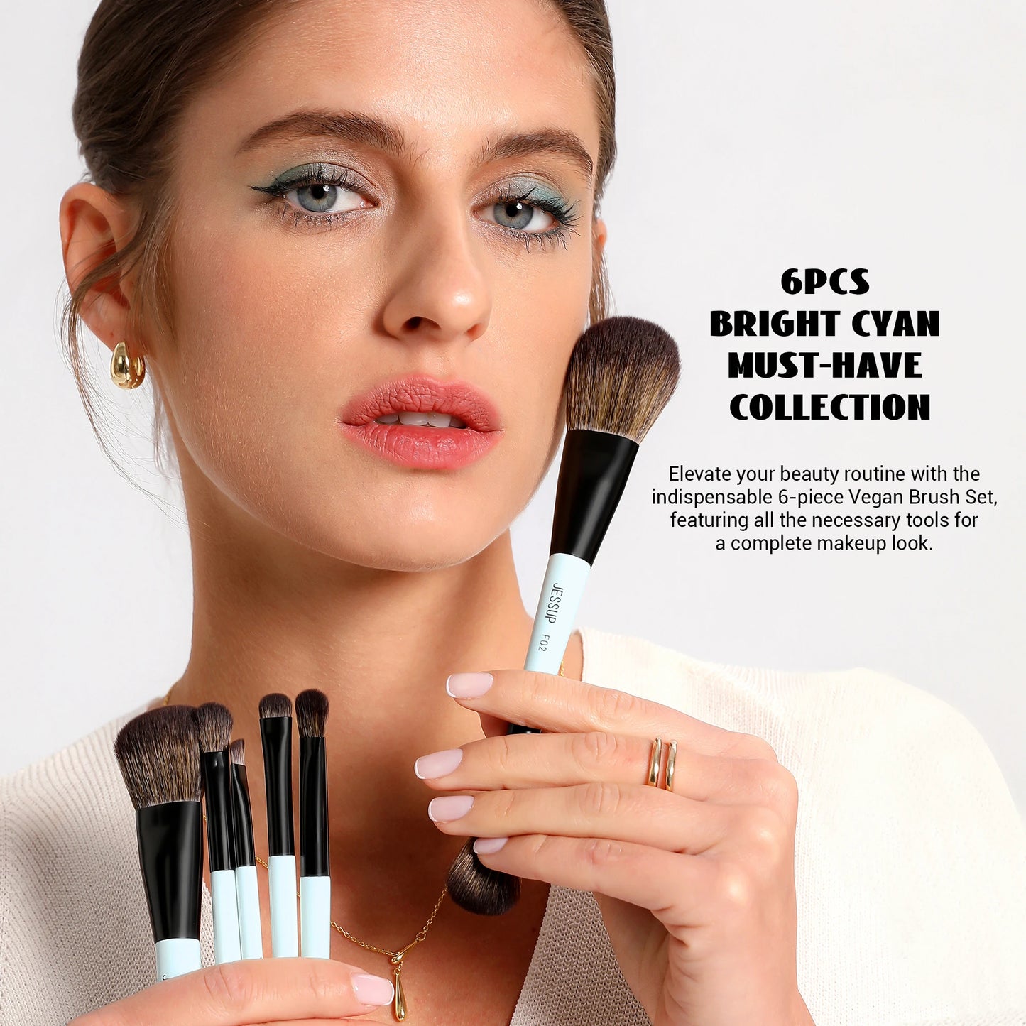 Jessup Double-Ended Makeup Brushes 6pcs, Vegan Fiber, Daily Use, Bright Cyan