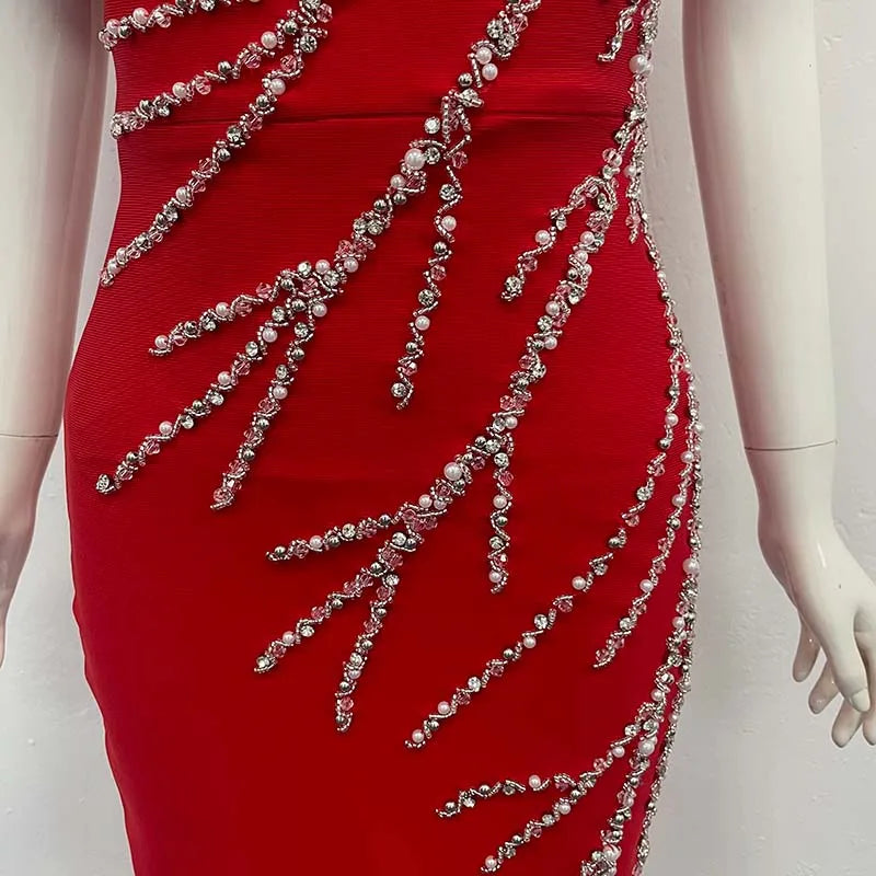 Black Dresses Woman Elegant One Shoulder Shining Rhinestones Bodycon Red Bandage Long Dresses Party Cocktail Dress Evening Dress