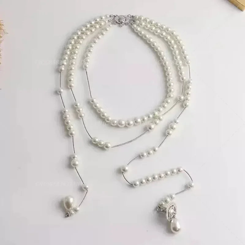 Multilayered Elegant Pearl Fringed Necklace Niche High-end Feel Asymmetric Drape Neck Chain Trendy Vintage Necklace