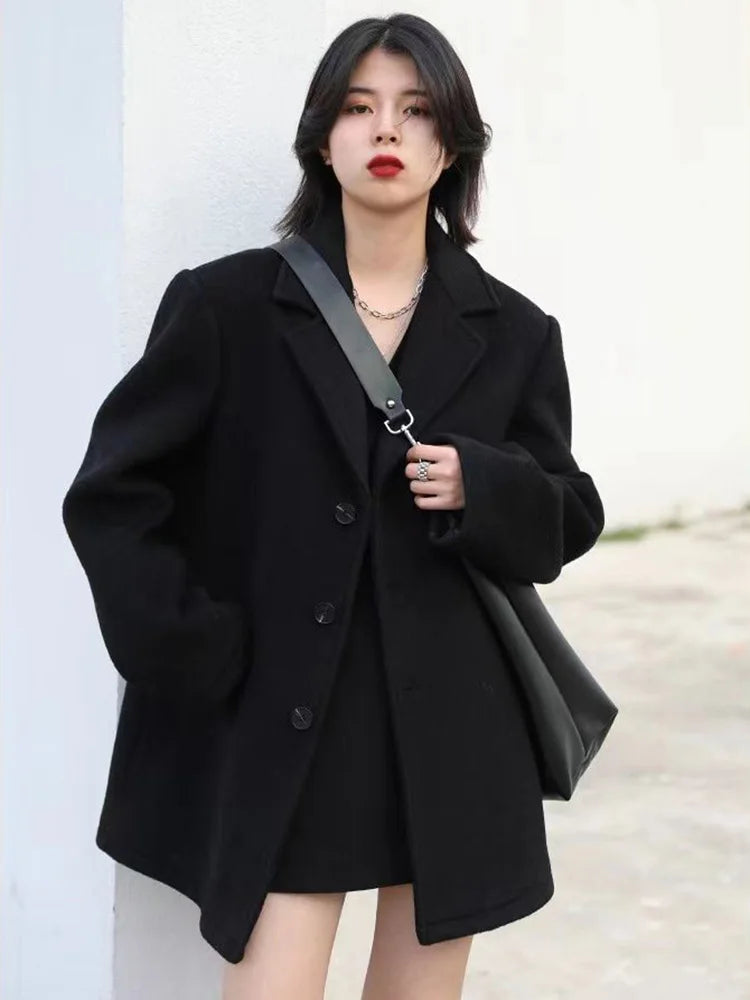 Korean Warm Mid Length Woolen Suit Coat Thick V Neck Women New Loose Parkas Winter Single Breasted Wool Blend Jackets Casaco