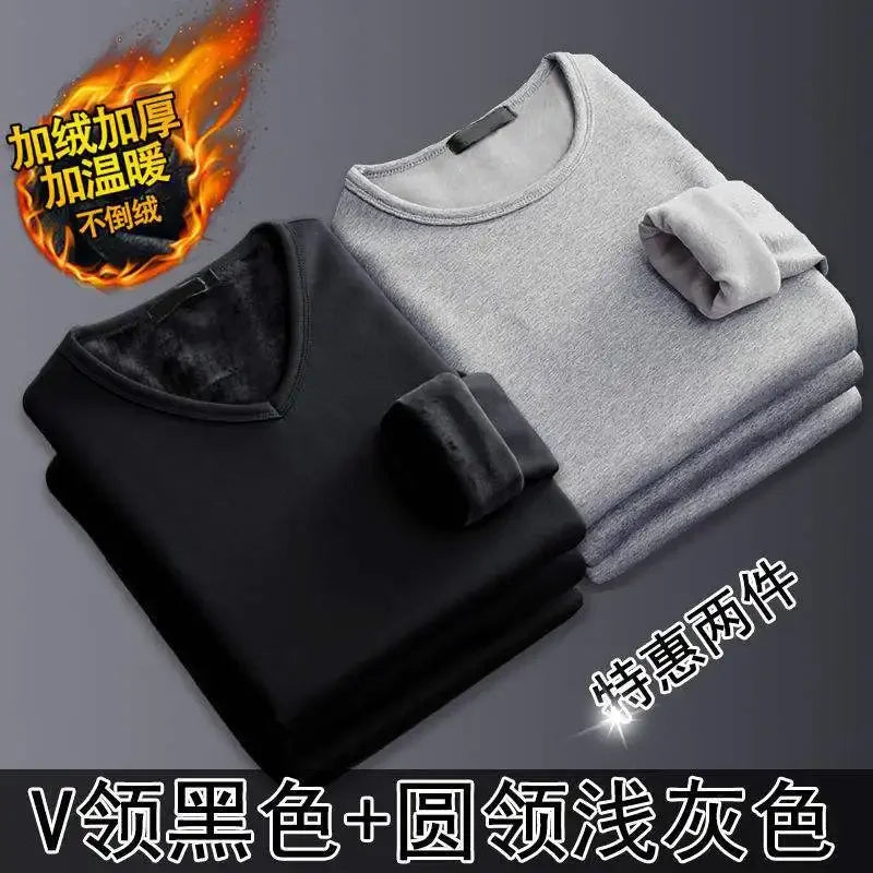 Thermal Underwear Shirt Men V Neck Fleece Sport Tops Autumn Thermo Clothing Comfortable Warm Long-Sleeved 5XL