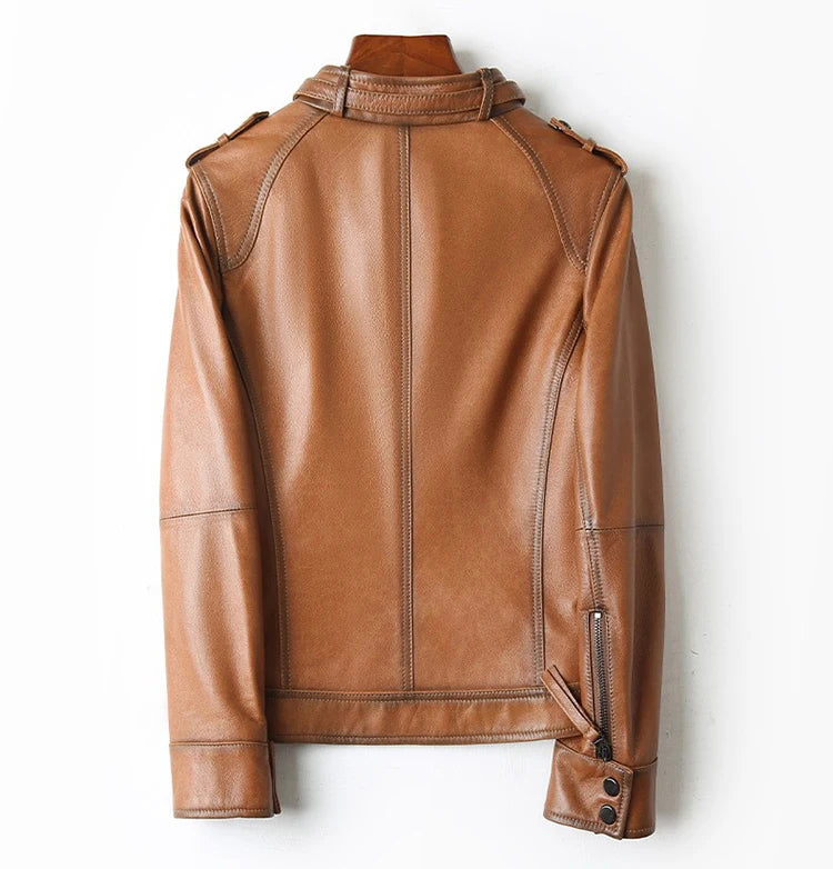 Autumn Clothes Women Genuine Sheepskin Short Locomotive Jaqueta Feminina Stand Collar Slim Vintage Versatile Brown Leather Coat