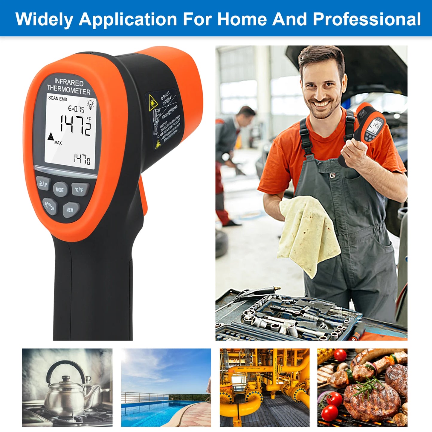 Infrared Thermometer Gun Handheld Heat Temperature Gun Laser Temperature Gun with Adjustable Emissivity Measure -50°C to 1800°C