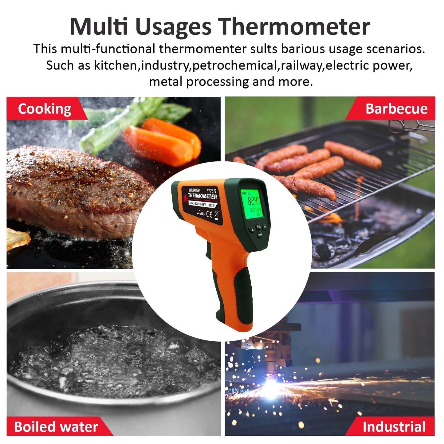 LCD Industrial Electronic Thermometer NonContact -50~600°C Digital Laser Temperature Meter Gun Laser Point Infrared Thermometer