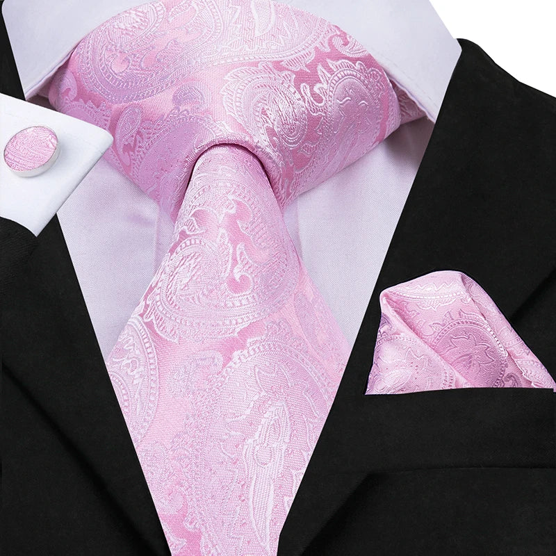Hi-Tie Silk Men Tie Peach Pink Floral Wedding Necktie for Men Luxury Necktie Handkerchief Cufflink Fashion Design Business