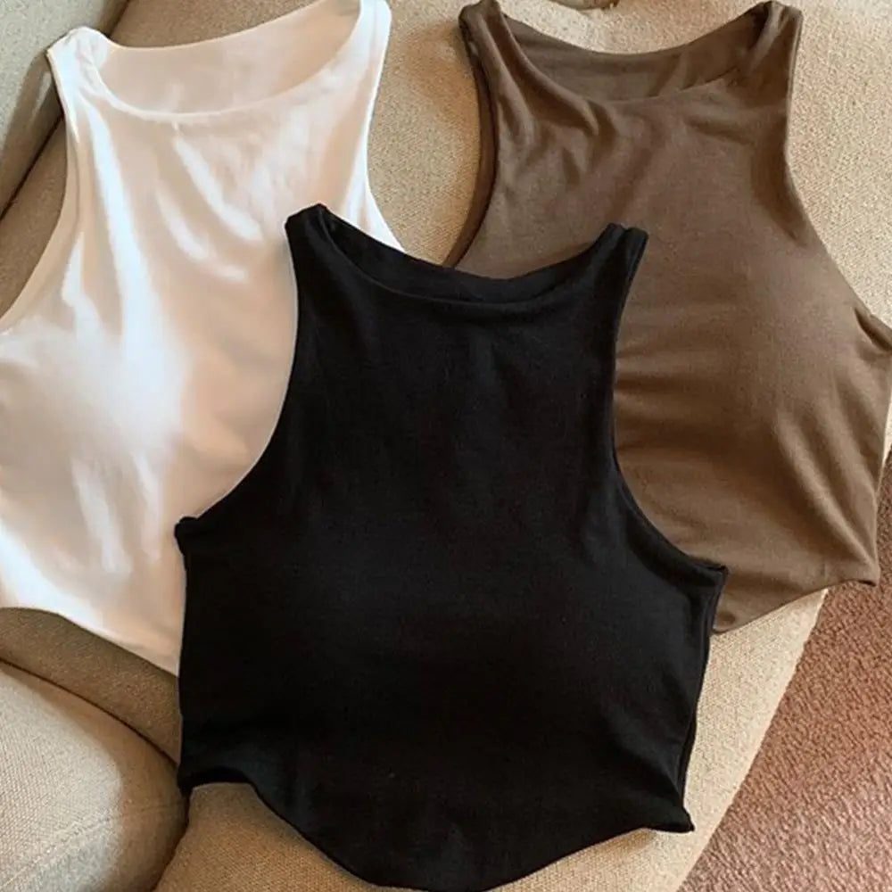 Summer Women Tank Tops Camisole  With Padded Bra Solid Color Sexy Off Shoulder O Neck Elastic Sport Vest  Push Up Base Shirt