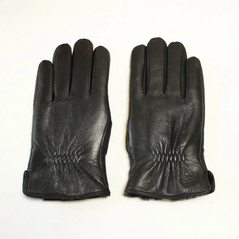 Winter Thick Sheepskin Fur Lining Warm Goatskin Gloves Men's Deerskin Pattern Leather Sheep Shearing Cold-Proof Finger Gloves