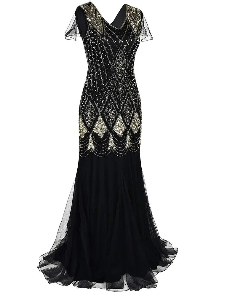 Women's Fashion 1920s Flapper Dress Vintage Great Gatsby Long Evening Prom Sequin Party Dress Women Mesh Costume