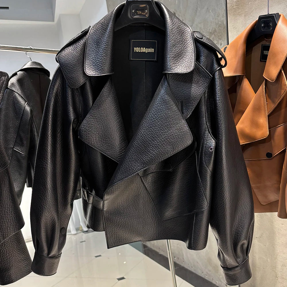YOLOAgain Oversized Real Leather Jacket Women Sheepskin Coat