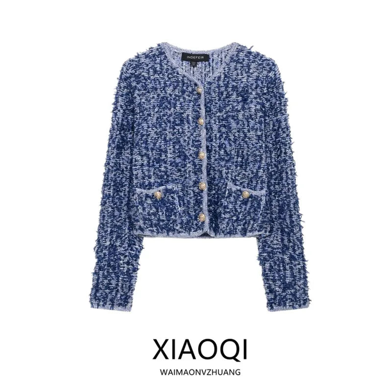 Spring 2025 Women's Faionable Knitted Long Sve round Ne Interwoven Outerwear Versatile Straight Cut Length Regular