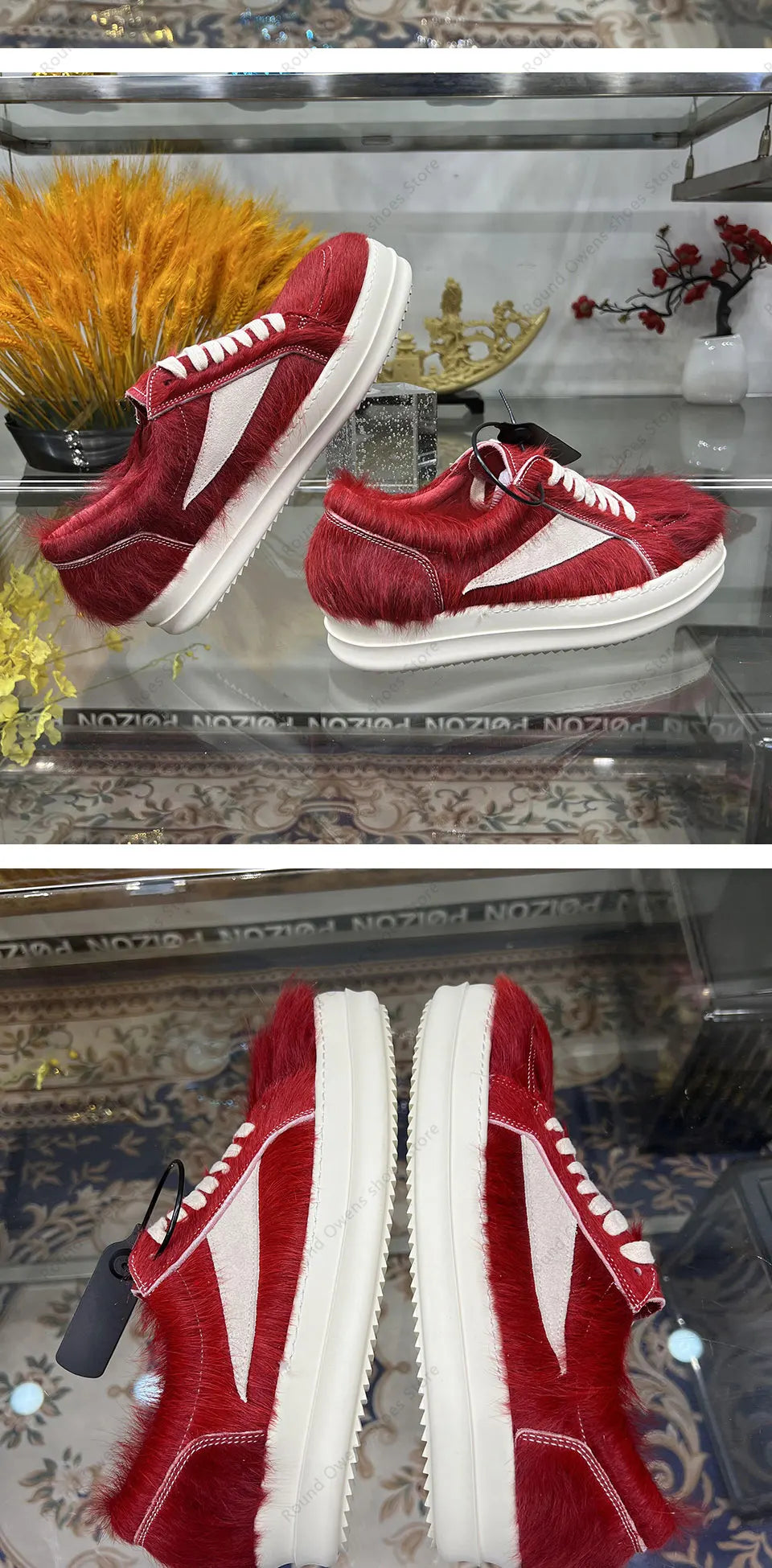 24ss New Horse Hair Low Top Quality Casual Shoes Dark Red Men Genuine Leather Thick Sole Lace Up Luxury Sports Ro Women Sneakers