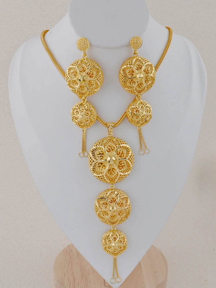 Indian Stainless Steel Jewelry Set for Women, Dubai Gold-Tone Necklace & Earrings Gift for Wedding Party, Bridal jewellery woman
