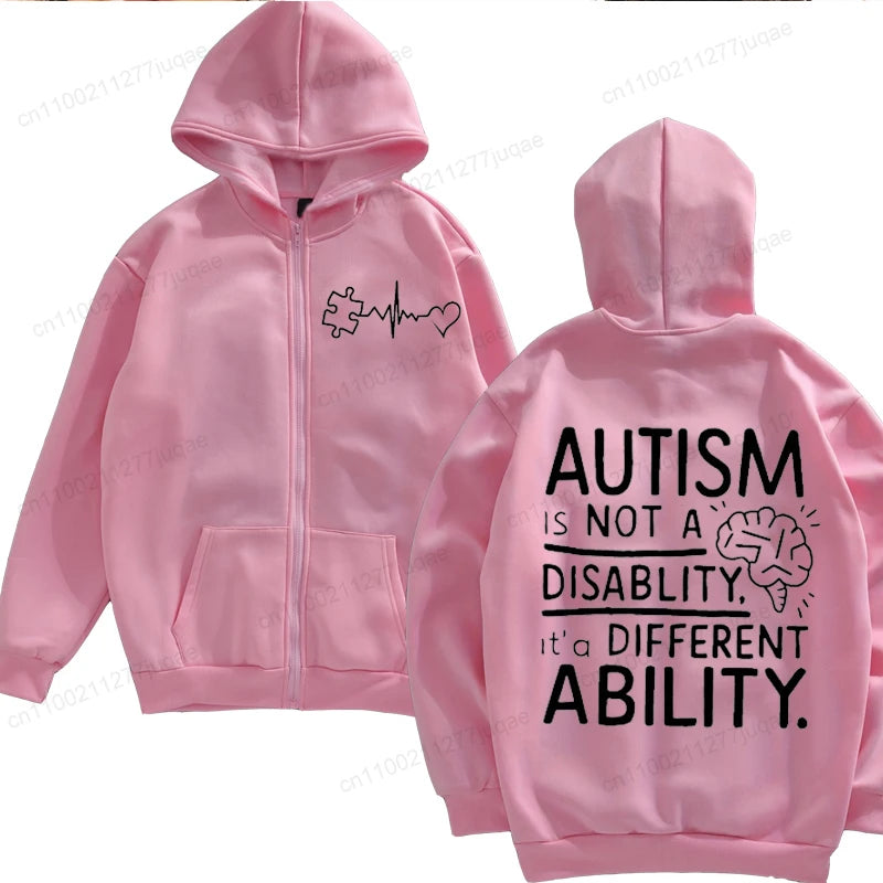 Autism Awareness Hoodie for Men Women, It's Not A Disability It's A Different Ability Zip Up Hoodies, Zipper Tracksuit Jackets
