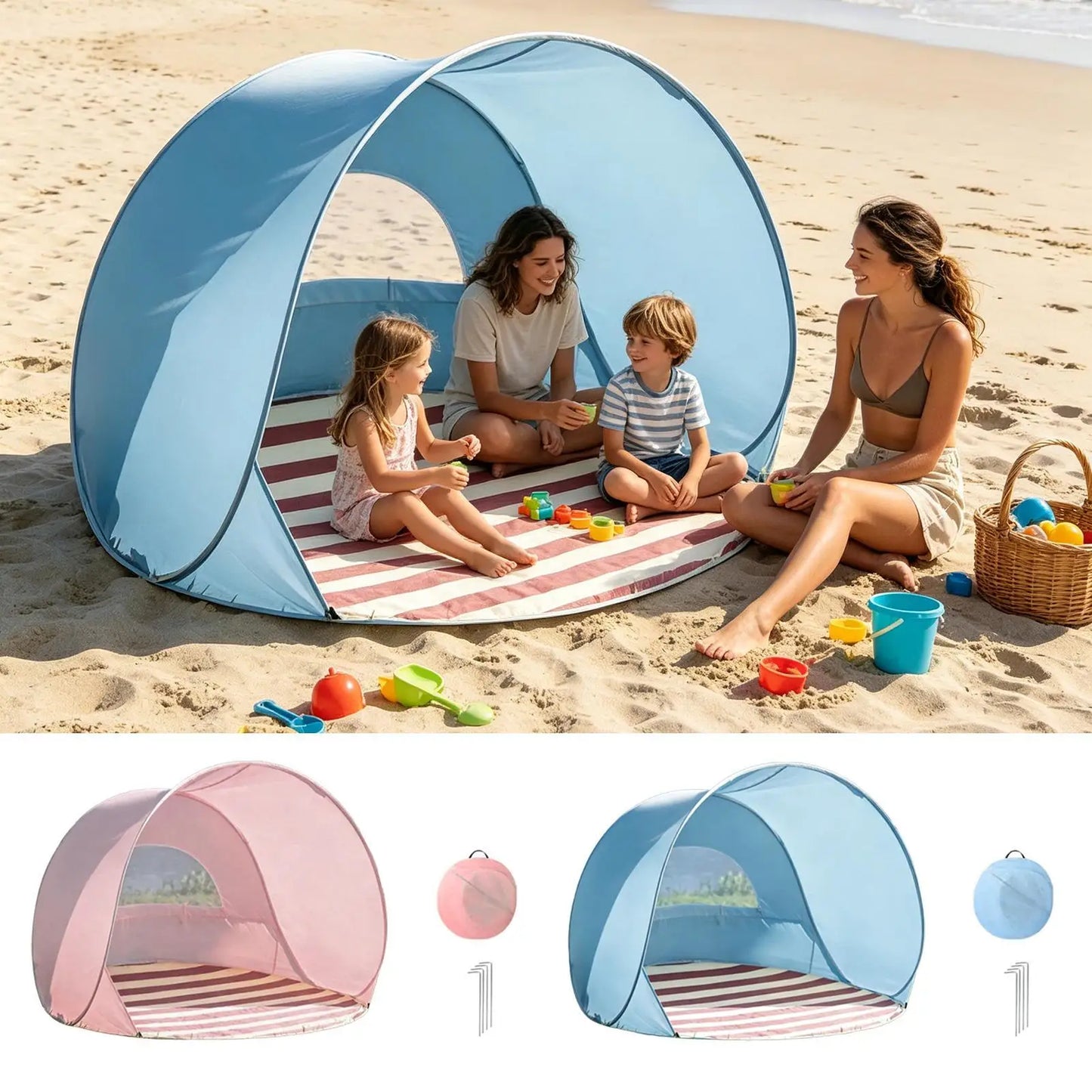 Reusable Beach Sun Shelter Tent One Click Open 3-4 People Tent Large Space Sunshade Outdoor Portable Camping Garden Beach Tent