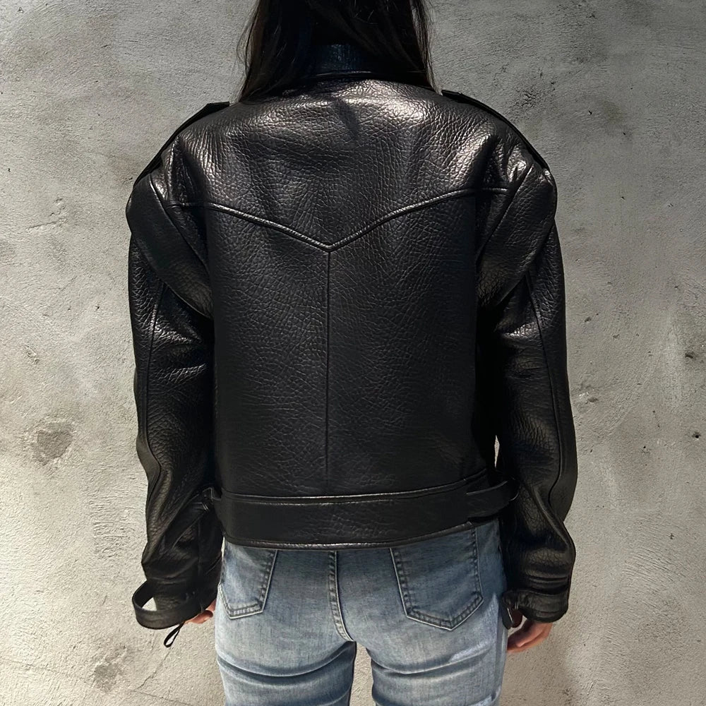 Grained Vintage Leather Jacket Women High Quality Genuine Sheep Leather Coat 2025