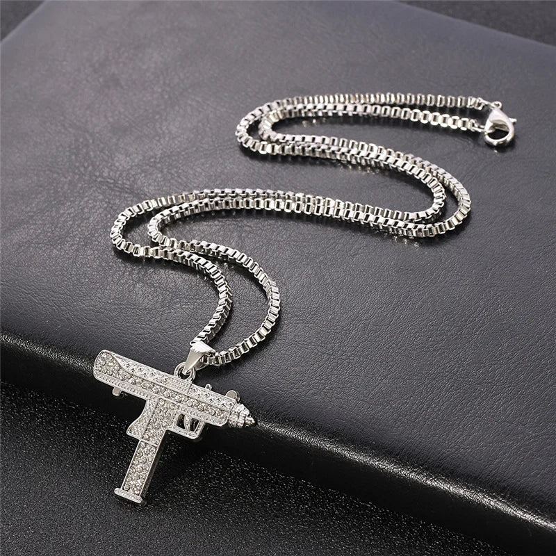 Gold Plated Uzi Gun Pendant Necklace for Men Full Crystal Bling Submachine Chain Hip Hop Accessory Male Jewelry