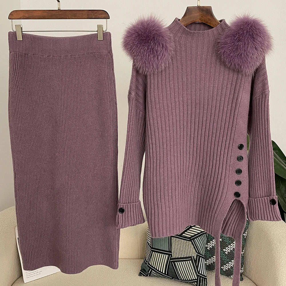 Sweater Set Warm suit Women Winter Knitted Suits two Piece Set Natural fox fur collar Sweater + Loose Trousers Office Lady Suit