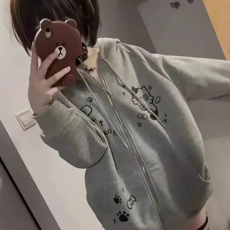 Spring Autumn Jackets Cute Cats Print Zip Up Hoodie Women Streetwear Sweatshirt Y2k Tops Cartoon Japanese Coat Grunge Black Gray