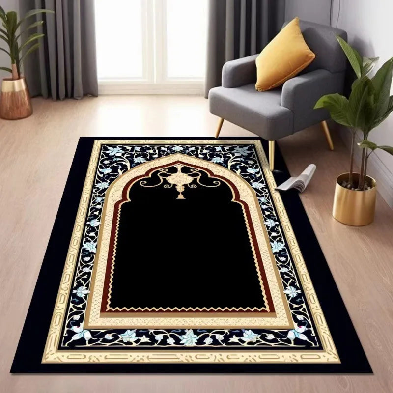 Islamic Prayer Mat Traditional Gold Floral Border Carpet Rug Muslim Worship Prayer Rug Home Decoration Carpets for Bed Room