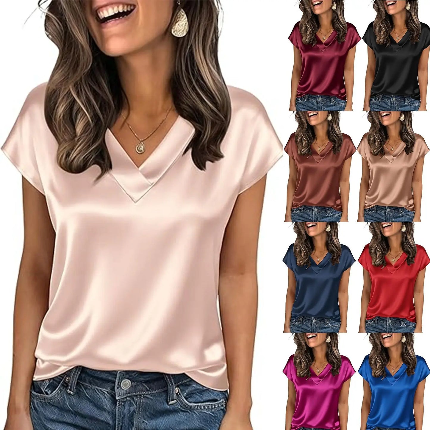 Women's Summer New T-shirt Casual V-Neck Short Sleeve Blouse Business Casual Tops Satins Silk Summer Shirt Work Solid Color Tops
