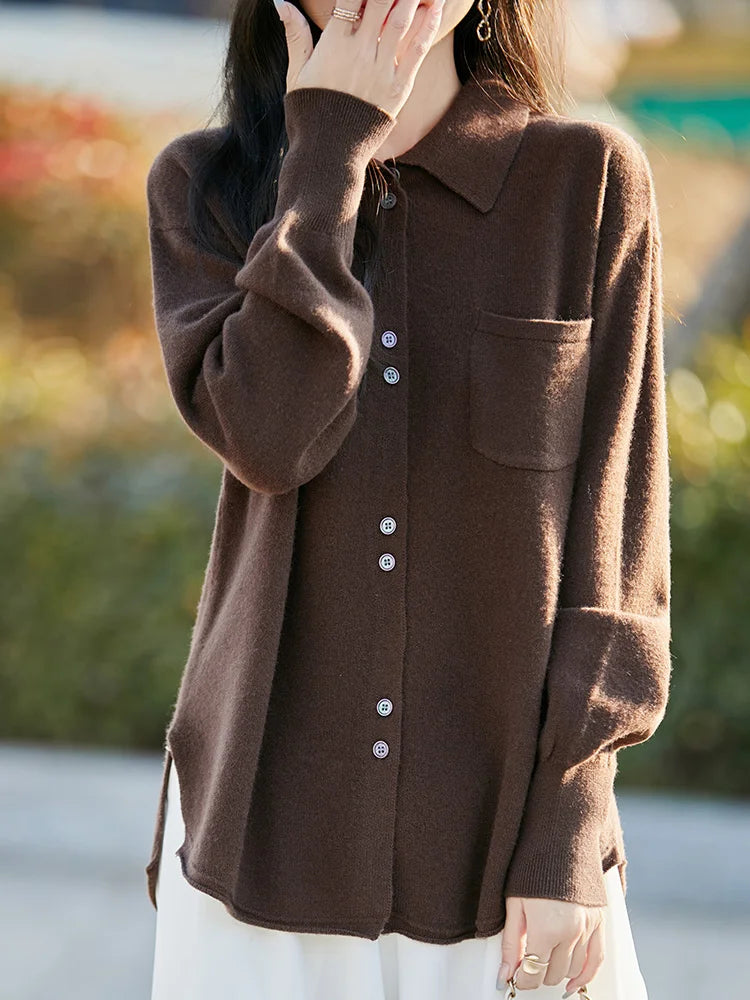 POLO Collar Wool Sweater 100 Pure Wool Spring And Autumn New Knitted Women Loose And Slimming Cardigan ZA682