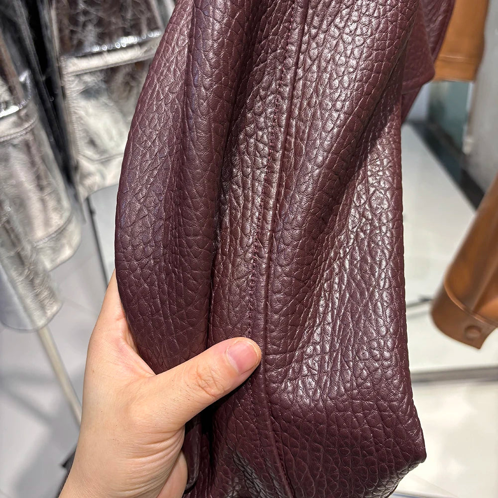 YOLOAgain Real Leather Jacket Women Burgundy Grain Leather Jacket With Belt