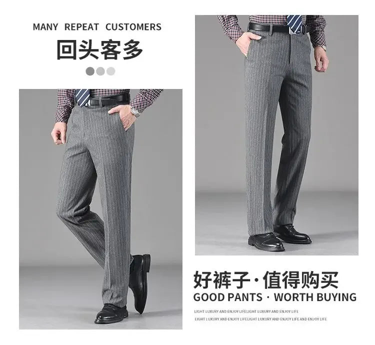 Vintage Autumn Winter Thicken Wool Fleece Suit Pants Men Middle Age High Waist Straight Loose Business Casual Straight Trousers