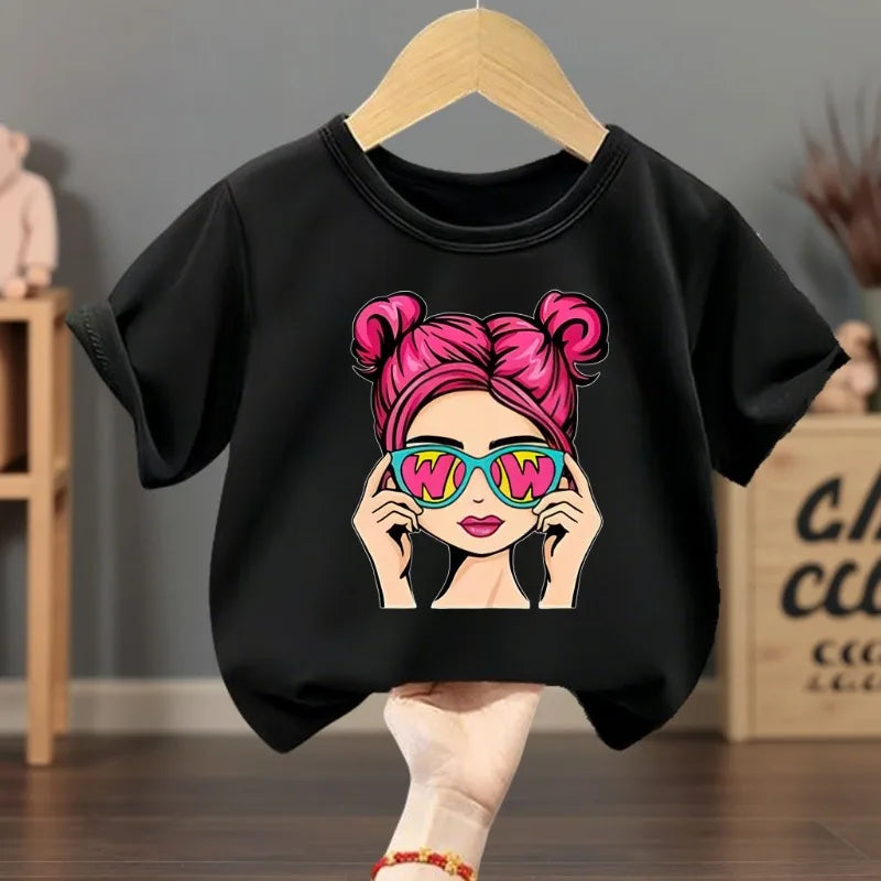 Summer Girls Casual T Shirts Fashion Printed Children's Short Sleeve Tops Kids Breathable Comfy Outdoor Tee Black Pink White